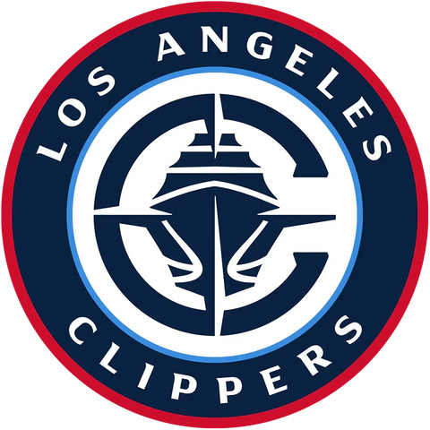 Los Angeles Clippers logo with a stylized ship and basketball in blue, white, and red circle.