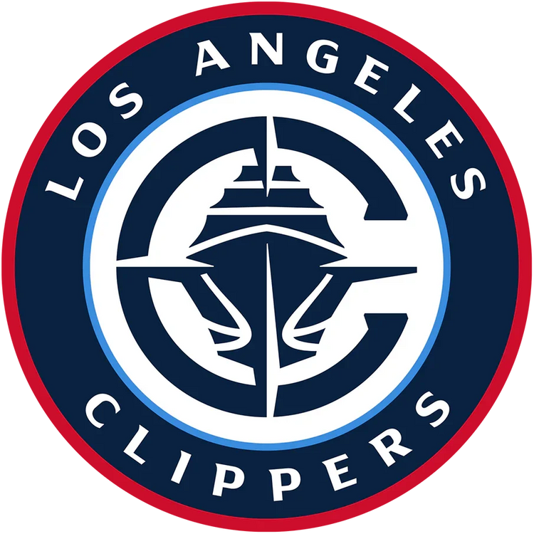Los Angeles Clippers logo with a stylized ship and basketball in blue, white, and red circle.