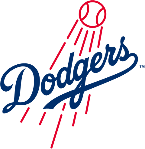Los Angeles Dodgers logo with baseball and red motion lines above blue script text Dodgers