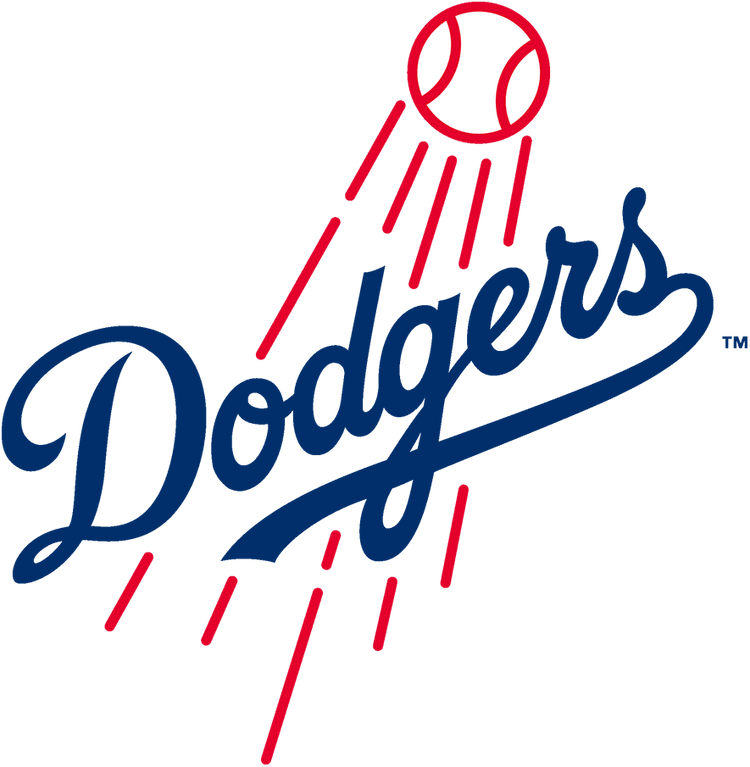 Los Angeles Dodgers logo with baseball and red motion lines above blue script text Dodgers