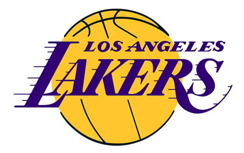 Los Angeles Lakers logo with purple text over a yellow basketball, NBA team graphic.