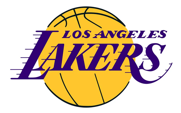 Los Angeles Lakers logo with purple text over a yellow basketball, NBA team graphic.