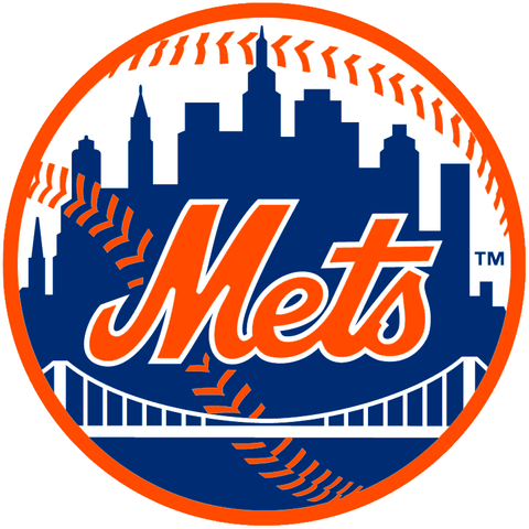 New York Mets logo with baseball stitches, city skyline, and bridge illustration