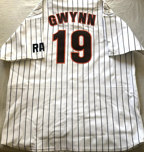 White pinstripe baseball jersey with GWYNN and number 19 on the back