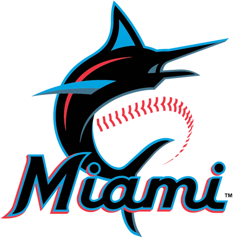 Miami Marlins logo featuring stylized marlin fish and bold Miami script, blue and red accents