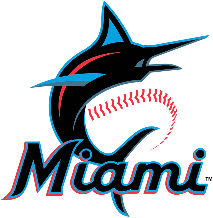 Miami Marlins logo featuring stylized marlin fish and bold Miami script, blue and red accents