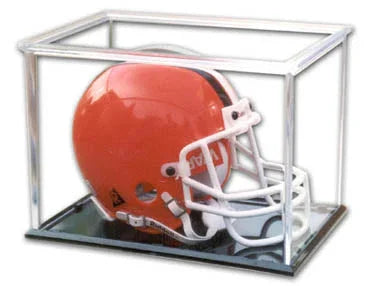 Clear acrylic mini football helmet display case with orange helmet inside