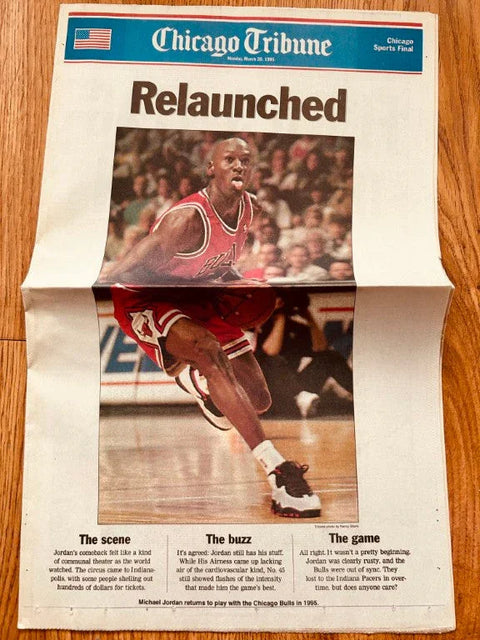 Chicago Tribune newspaper featuring Michael Jordan's NBA comeback, basketball memorabilia collectible