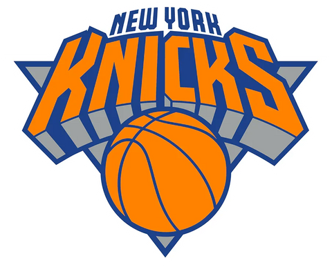 New York Knicks logo with orange basketball and bold blue and orange lettering