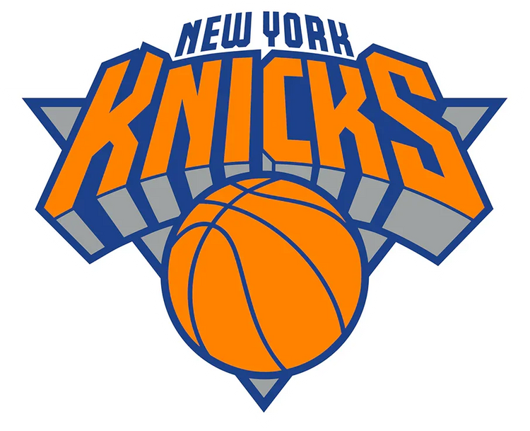 New York Knicks logo with orange basketball and bold blue and orange lettering