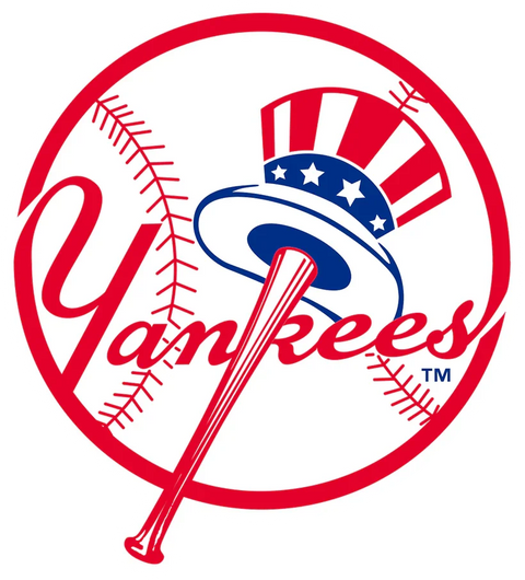 New York Yankees logo with baseball, red bat, and stars and stripes top hat