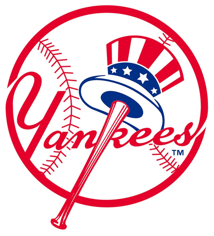 New York Yankees logo with baseball, red bat, and stars and stripes top hat