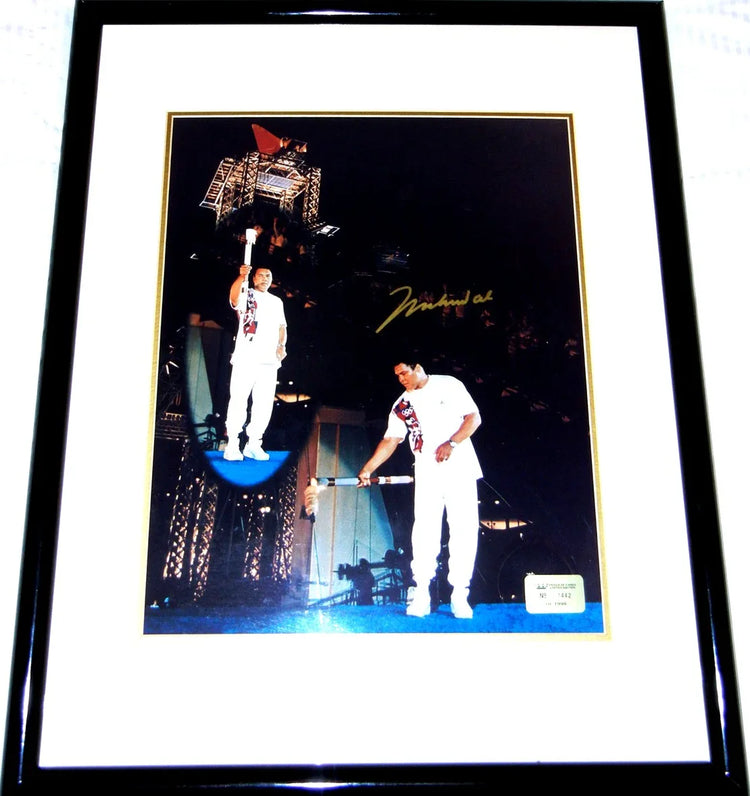 Framed Olympic torch relay photo with autographed signature, sports memorabilia