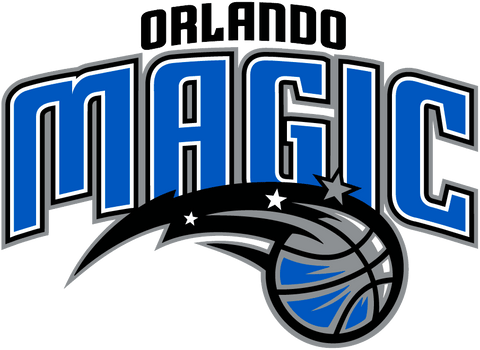 Orlando Magic logo with blue lettering and basketball shooting stars design