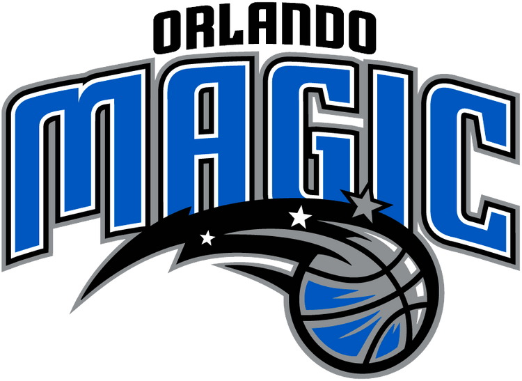 Orlando Magic logo with blue lettering and basketball shooting stars design