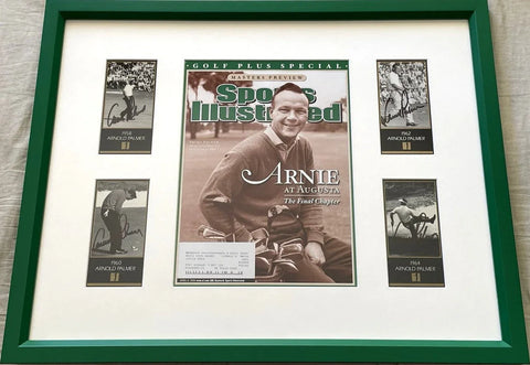 Framed Arnold Palmer memorabilia with Sports Illustrated cover and four signed golf cards.