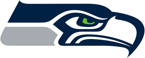Seattle football team logo, stylized blue and white bird head with green eye