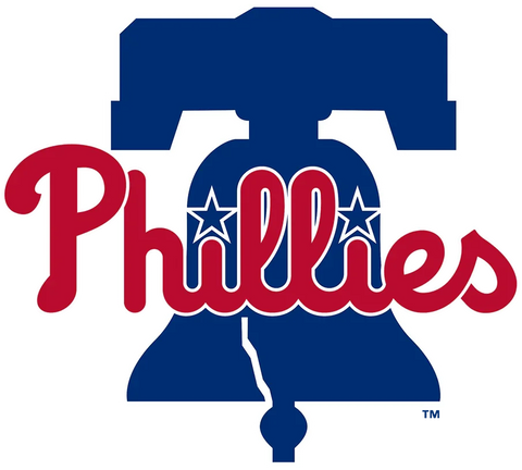 Philadelphia Phillies logo with red script text over a blue Liberty Bell, MLB baseball team emblem