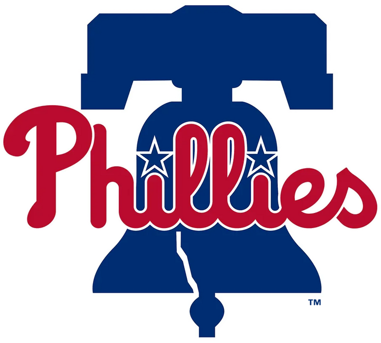 Philadelphia Phillies logo with red script text over a blue Liberty Bell, MLB baseball team emblem