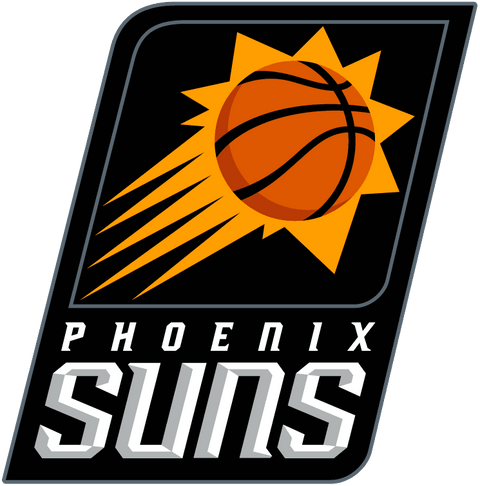 Phoenix Suns logo with basketball and orange sunburst, NBA team emblem on black background