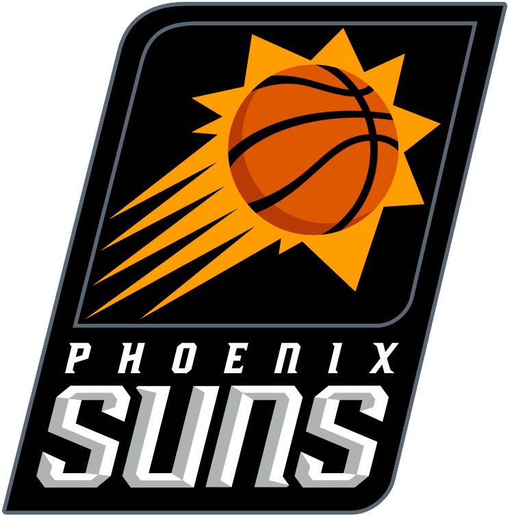 Phoenix Suns logo with basketball and orange sunburst, NBA team emblem on black background