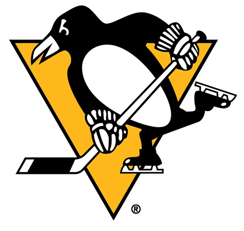 Pittsburgh Penguins hockey team logo featuring skating penguin with hockey stick on yellow triangle.