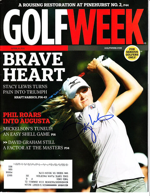 Signed Golfweek magazine cover featuring female golfer swinging club in tournament setting