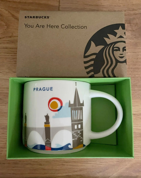 Starbucks Prague You Are Here Collection mug in box featuring city landmarks