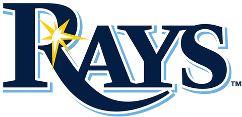 Tampa Bay Rays primary logo with stylized navy text and a yellow sunburst design