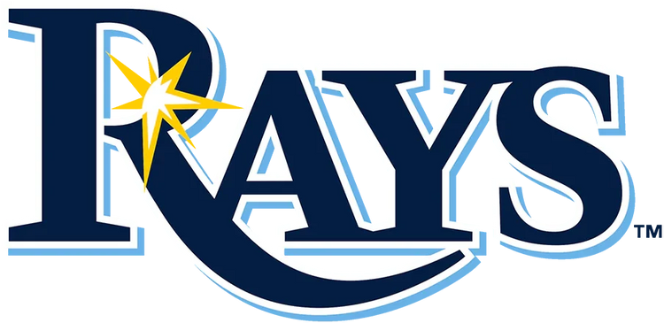Tampa Bay Rays primary logo with stylized navy text and a yellow sunburst design