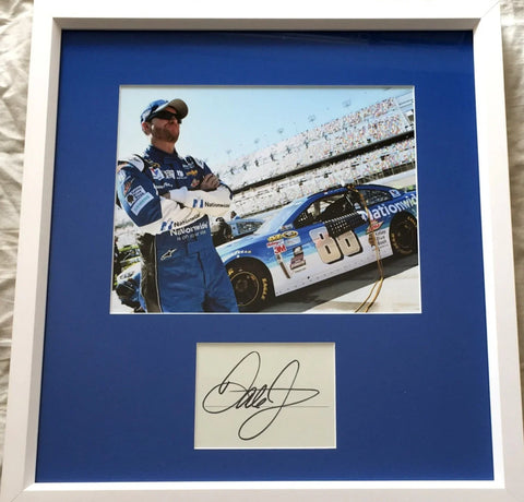 Framed NASCAR memorabilia with driver photo, No. 88 car, and signed autograph display