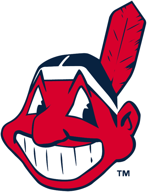 Vintage baseball mascot logo with red face, white teeth, black hair, and a red feather