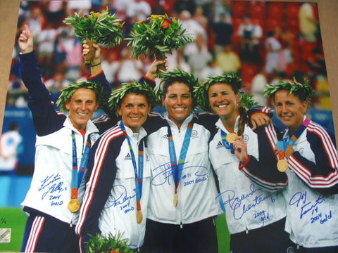 Women’s soccer team with gold medals, signed photo, Olympic champions celebrating victory