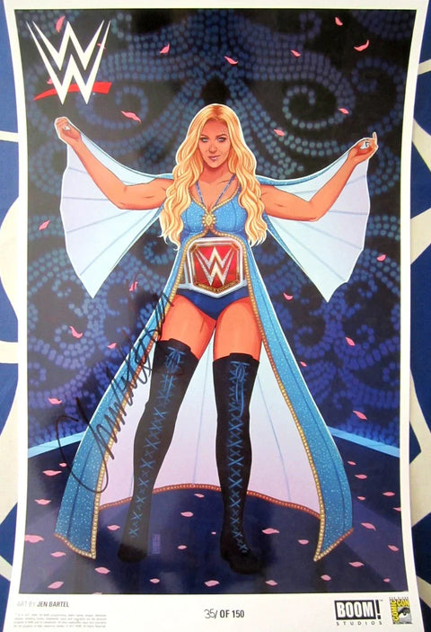 Signed WWE wrestling art print of a blonde female champion in blue gear, numbered 35 of 150