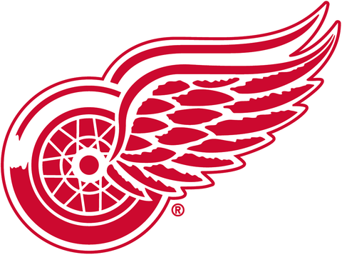 Red winged wheel hockey team logo on white background, sports memorabilia