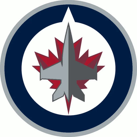 Modern hockey team jet logo with red maple leaf, grey fighter jet and blue circle border