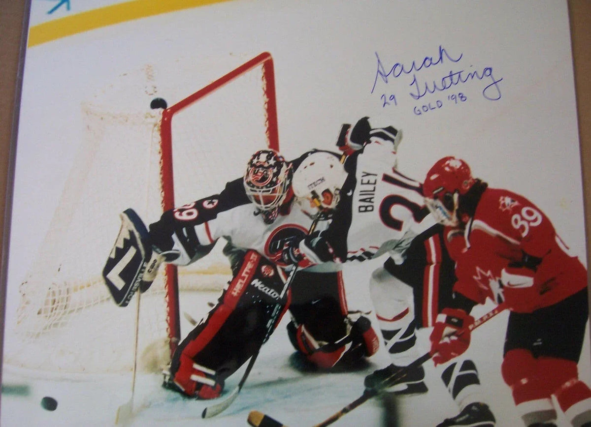 Sarah Tueting autographed 1998 USA hockey team 16x20 poster size action photo inscribed Gold 98 - AutographsForSale.com