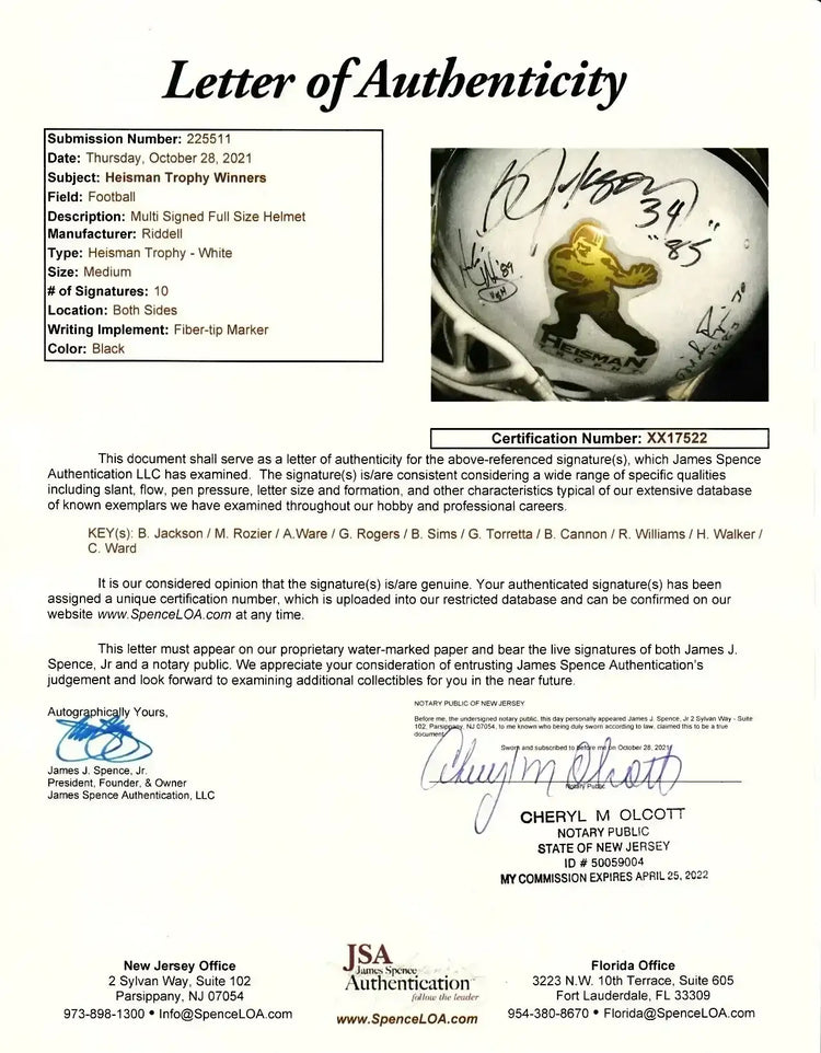 Heisman Trophy Riddell FS helmet signed by 10 winners Bo Jackson Herschel Walker JSA - AutographsForSale.com