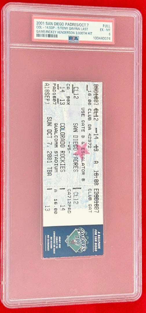 Tony Gwynn Last Game and Rickey Henderson 3000th Hit 2001 Padres Full Ticket PSA 6 - AutographsForSale.com