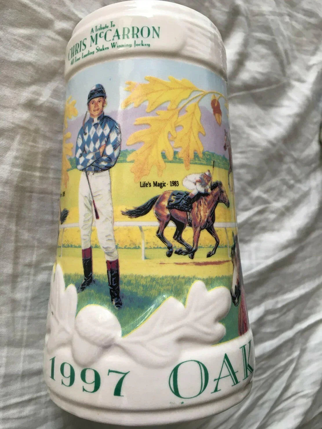 Chris McCarron 1997 Tribute Oak Tree Santa Anita Huge Ceramic Beer Stein New - AutographsForSale.com