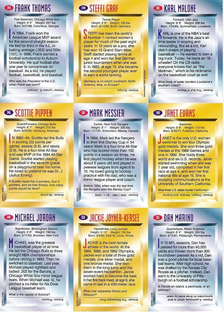 Autographed 1996 SI for Kids card sheet Michael Jordan Steffi Graf Dan Marino Mark Messier Scottie Pippen JSA - AutographsForSale.com