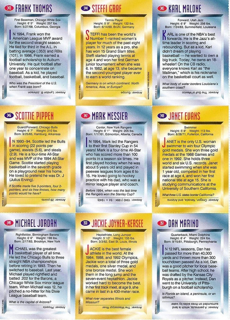 Autographed 1996 SI for Kids card sheet Michael Jordan Steffi Graf Dan Marino Mark Messier Scottie Pippen JSA - AutographsForSale.com