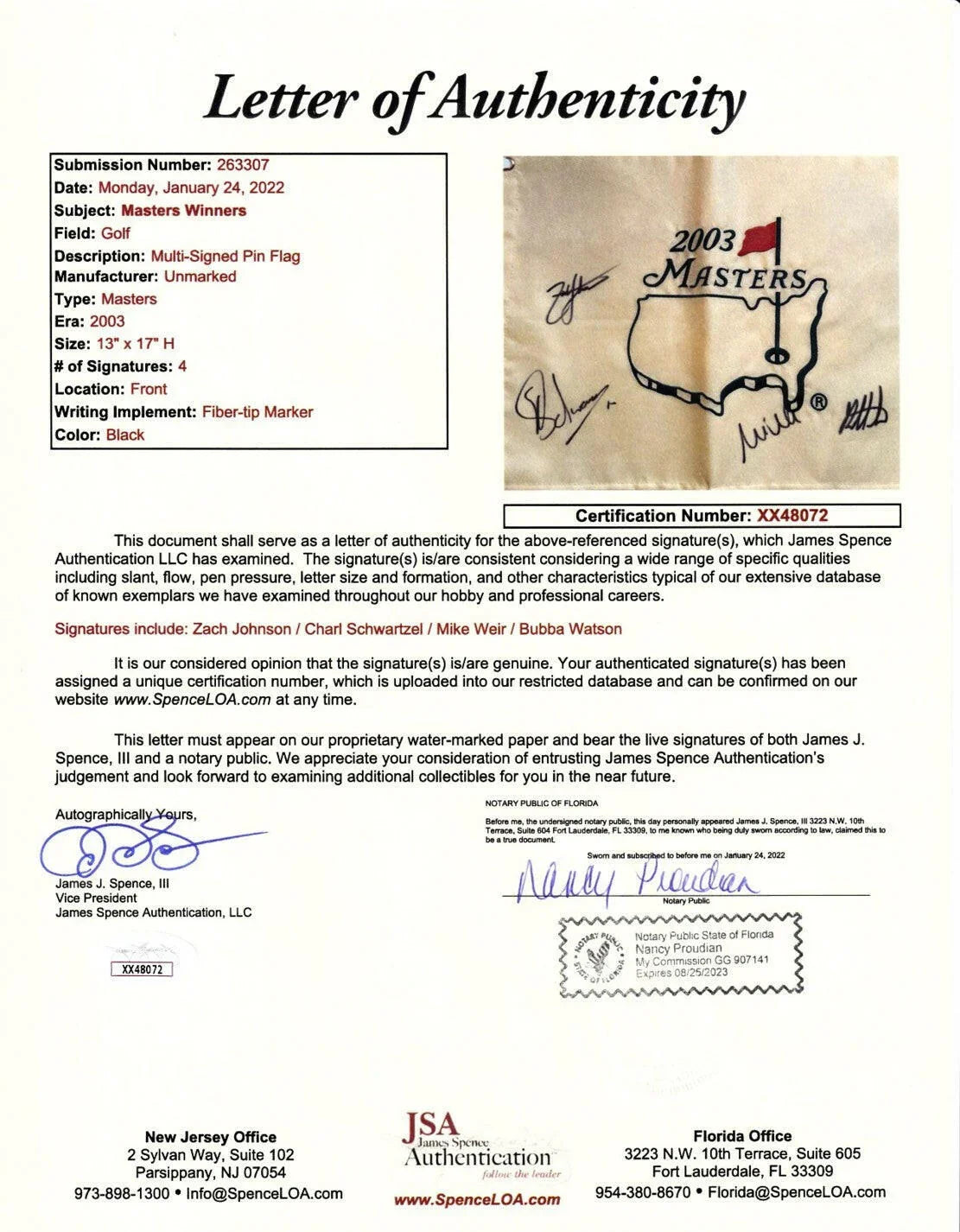 2003 Masters flag autographed by Mike Weir Bubba Watson Zach Johnson Charl Schwartzel JSA - AutographsForSale.com