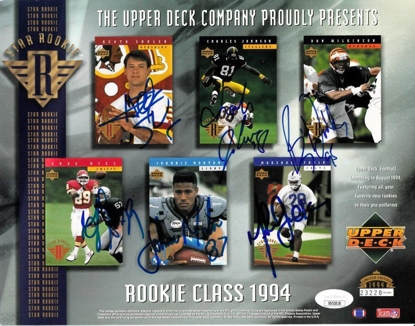 1994 NFL Rookies autographed Upper Deck card sheet Marshall Faulk Charles Johnson Johnnie Morton Dan Wilkinson JSA - AutographsForSale.com