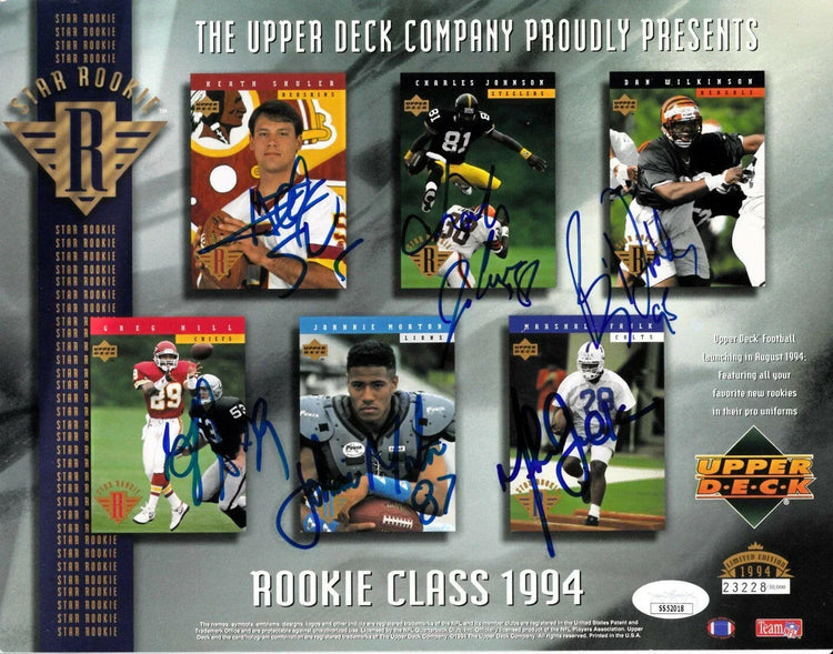 1994 NFL Rookies autographed Upper Deck card sheet Marshall Faulk Charles Johnson Johnnie Morton Dan Wilkinson JSA - AutographsForSale.com