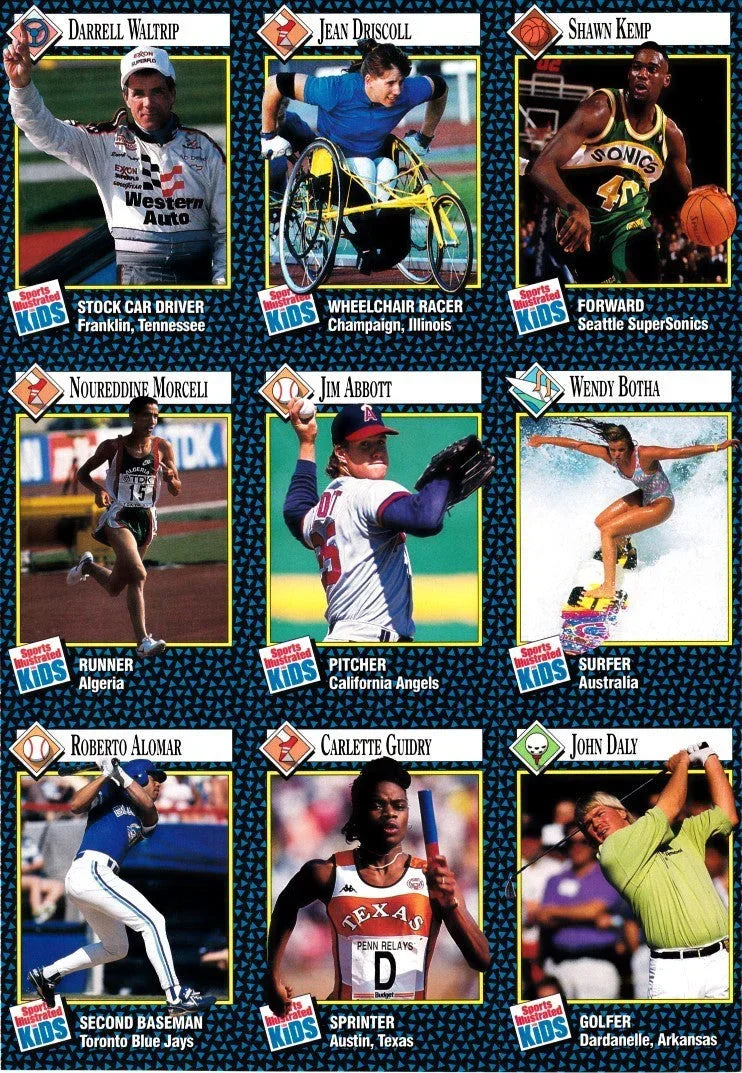 Jim Abbott Roberto Alomar John Daly Shawn Kemp 1992 SI for Kids card sheet - AutographsForSale.com