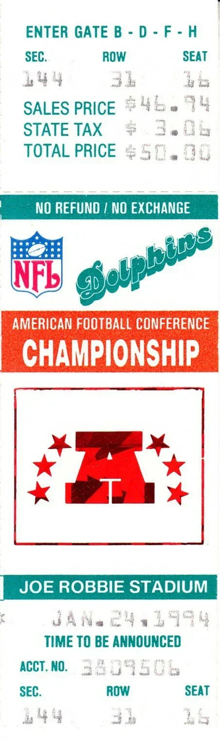 Miami Dolphins 1994 AFC Championship Game Phantom ticket - AutographsForSale.com