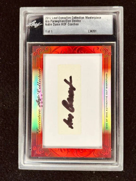 Ara Parseghian and Dan Devine 2017 Leaf Masterpiece Cut Signature certified autograph card 1/1 JSA Notre Dame - AutographsForSale.com