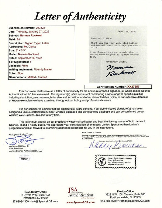 Norman Rockwell signed 1972 letter framed 8x10 self portrait print JSA - AutographsForSale.com