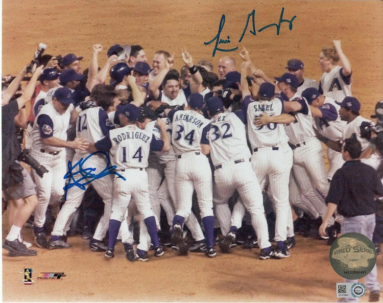 Luis Gonzalez Steve Finley signed Diamondbacks 2001 World Series celebration 8x10 photo - AutographsForSale.com